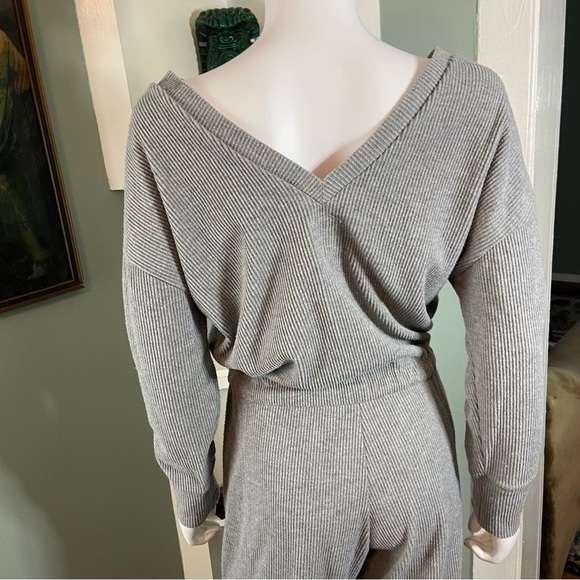 Chaser Love Rib Long Sleeve Double V Drawstring Jumpsuit in Heather Grey Medium - Picture 7 of 11